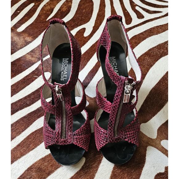 Michael Michael Kors Heels Womens 7 M Berkley Open Toe Gladiator Snake Burgundy - Picture 2 of 7